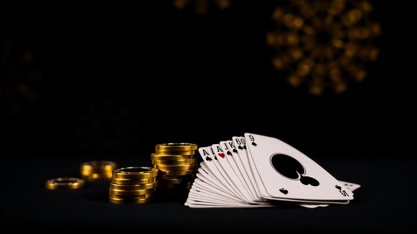 Fichas de casino doradas y cartas sobre fondo oscuro, ilustrando el analisis 2026 de casinos sin licencia en Espana