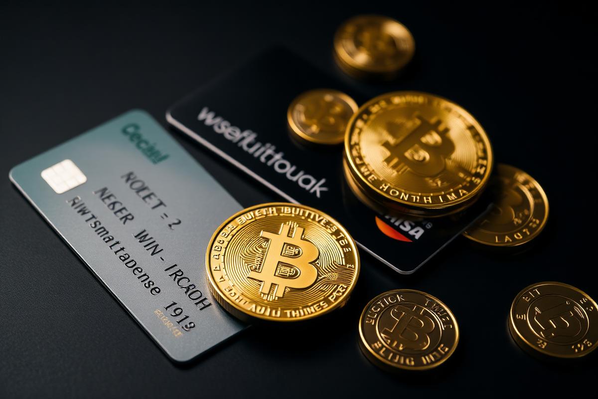 Bitcoin, tarjeta bancaria y monedas doradas sobre superficie oscura, metodos de pago tipicos en casinos sin licencia en Espana 2026